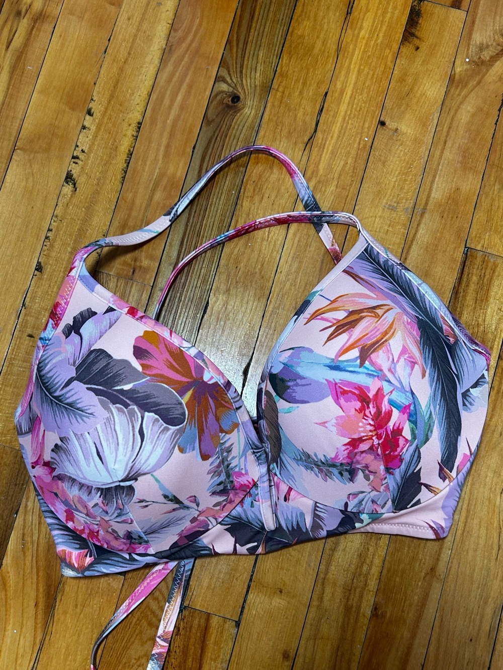 Light Pink Floral-Trim Bikini Top
